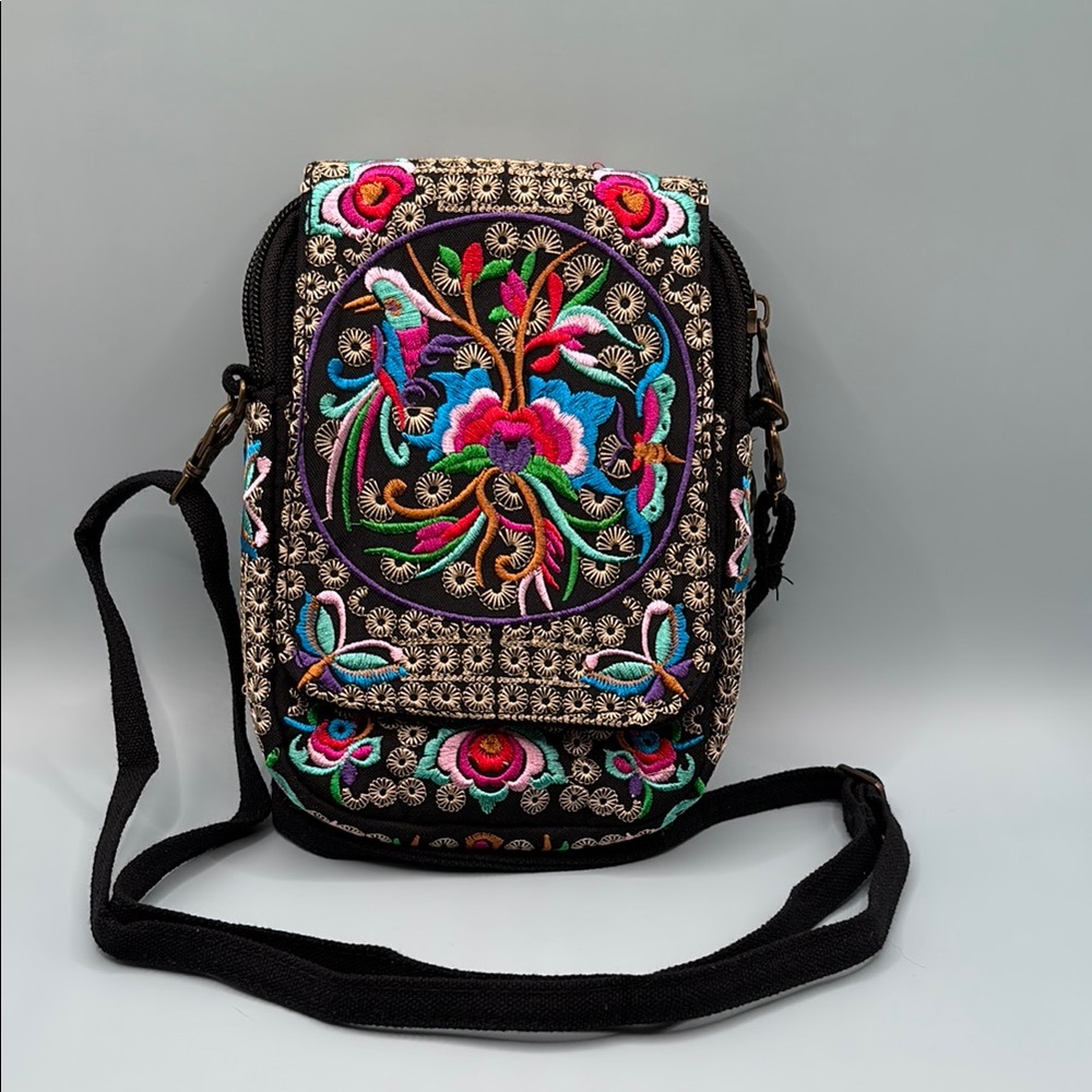 Beautiful Hand Embroidered Black Multi Colored Canvas Crossbody Phone Purse Bag